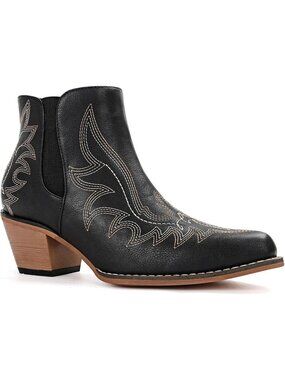 Women's Black Faux Leather Cowboy Ankle Boots Snip Toe Embroidered Chunky Heels